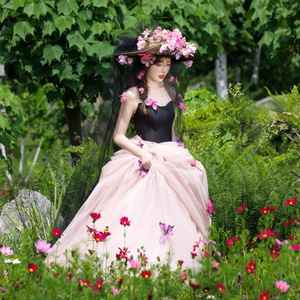 Mori Girl Style Strapless Pink Tulle Wedding Dress Ball Gown Natural Waistline Butterfly Embroidery Photo Shoot Attire - Product Image 3