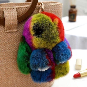 可爱真兔毛长耳豹子兔子钥匙扣斑点兔娃娃魅力玩具饰品钥匙圈饰品绒球挂件礼品 - Product Image 6