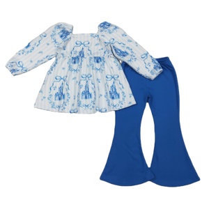 Conjunto de Ropa Infantil GLP3283 rts, Estilo Casual, con Estampado de Lazos y Castillo en Rayas Azules, Manga Larga, para Niñas, Venta al por Mayor - Product Image 1