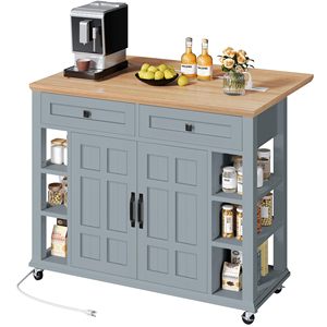 Îlot de cuisine Sunrise avec prise de courant et feuille tombante, chariot de cuisine roulant avec 2 tiroirs, armoire de cuisine sur roulettes, étagères <span class=keywords><strong>ouvertes</strong></span> - Product Image 1