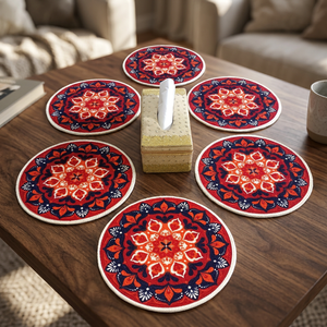 Ensemble de sets de table ronds tressés à motif géométrique, style bohème, chemin de table et sets de table pour la salle à manger à la maison - Product Image 3