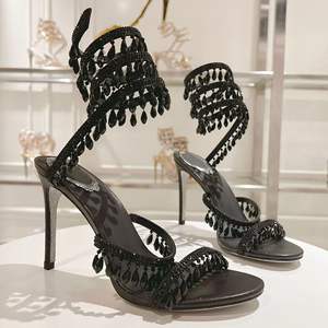 New sexy crystal pendant women's high-<b>heeled</b> satin sandals with snake-shaped intertwined diamond fringes decoration - Product Image 5