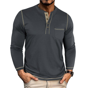Camiseta de Manga Larga con Cuello Redondo Estilo Europeo Americano para Hombre, Otoño/Invierno, Vintage, con Bolsillo Henry, Mezcla de Algodón Transpirable - Product Image 2