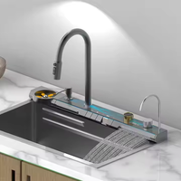Robinet de cuisine multifonctionnel intelligent en cascade, LED numérique nano fait main, 3 compartiments, épaissi, en acier inoxydable 304