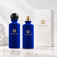 Flacon de parfum bleu floqué 100 ml, cylindre vide en verre avec pulvérisateur, flacon de parfum de luxe en velours, emballage de parfum personnalisé avec logo