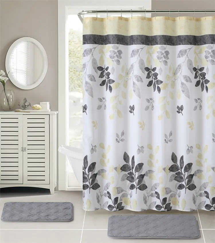 Botanical Nature Leaf Floral Waterproof Washable Shower Curtain with 12 Hooks