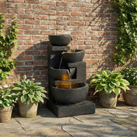 Fuente de Agua de Resina LED de 29 Pulgadas, Hecha a Mano, Impermeable, para Interiores/Exteriores, con Cuencos en Cascada, Piedras Apiladas, Cascadas de 4 Niveles, para Jardines