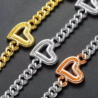 Chaîne cubaine en laiton avec pendentif cœur baguette en zircon 5A, style Iced Out, collier ras du cou hip-hop pour couple, bijoux pour femmes et hommes