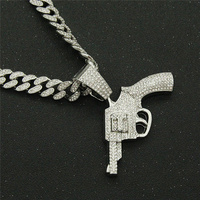 Kalung Rantai Cuban Hip Hop Lapis Emas 18K Bertabur Berlian Imitasi dengan Liontin Pistol Pendek, Rantai Link Pria Terbuat dari Paduan Seng