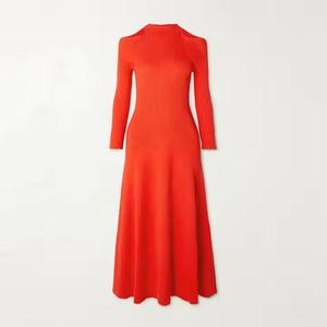 Vestidos de Invierno Personalizados para Mujer, Color Rojo, Cuello Medio Alto, Manga Larga, Suéter de Punto Midi, Diseño Sólido, Ropa de Punto para Dama - Product Image 5