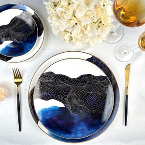 Cadeaux de mariage, vaisselle de luxe, assiette en céramique bleue, ensembles de vaisselle - Product Image 1