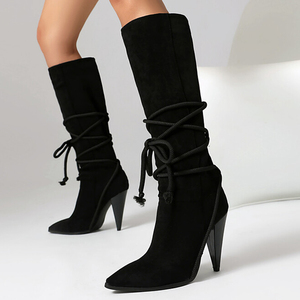 Big Size 47 Pointed Toe High Spike Heels Women Knee High Boots Suede Cross <b>Rope</b> Decor Shoes Wide Fit Long Booties for Ladies - Product Image 2