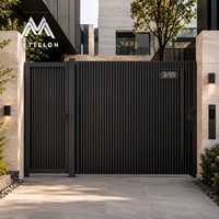 Portail d'entrée piétonnier moderne en aluminium avec boîte aux lettres, porte de sécurité à lattes verticales noires pour cour de villa de luxe