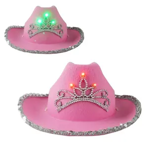 Wholesale Western Style Light-Up Blinking Crown Pink Cowgirl Hats Felt Cowboy Holiday Party Hat For Costume Accessories