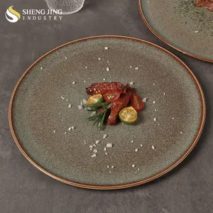 Antique Rustic Dark Green Glazed Shiny Round Plat Bord Ceramic Restaurant Hotel Flat Dinner Dish Plate Porcelain