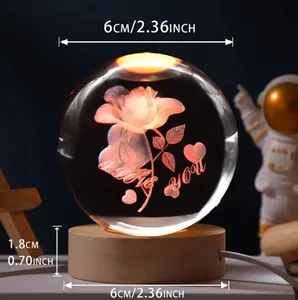 Bola de cristal rosa 3D para mesa, lâmpada LED de luz noturna para decoração de festas, dia dos namorados, Natal e aniversário, 60 mm