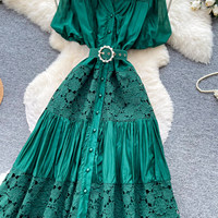 Robe longue élégante en dentelle verte à manches bouffantes et à volants, avec ceinture en perles, pour femmes, vêtements décontractés pour les fêtes et le quotidien