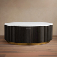 Table basse ronde sculpturale en marbre de Carrare, base en chêne cannelé de luxe, table centrale moderne et unique pour salon