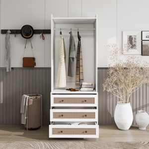 Modern Solid Wood High <b>Wardrobe</b> Armoire with 3 Drawers for Living Room Bedroom Hotel & Hospital Organizer - Product Image 2
