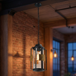 Lanterne suspendue moderne EI-004, nouvelle arrivée, en acier noir pour extérieur, IP44, avec abat-jour en verre grainé, décoration dorée - Product Image 3