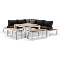 Table de jardin tout-en-un avec structure en aluminium blanc et plateau en teck, coussins amovibles et lavables, résistants aux intempéries