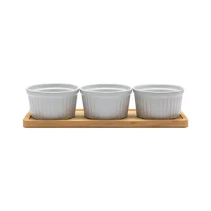 Set of 4 Round Dip Bowl Set With Bamboo Tray Combo Set Ceramic Dish Ramekins Snack