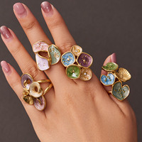 Anillo Ancho de Acero Inoxidable con Esmalte de Hoja de Loto para Mujer, Joyería Bohemia Natural Verde Colorida, Regalo para Ella, Uso Diario
