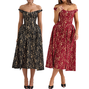 Women's Casual Off-the-Shoulder Backless A-Line Floor-Length <b>Spaghetti</b> <b>Strap</b> Floral Lace Print Skinny Fit Polyester Summer Party - Product Image 1