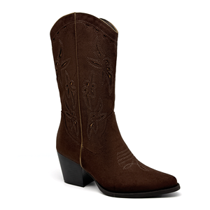 รองเท้าบูทคาวบอยสไตล์วินเทจปักลายหนังกลับสำหรับผู้หญิง ทรงวี ปลายแหลม ส้นหนาเรียว - Product Image 5