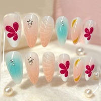 Faux ongles français à presser Amande, 24 pièces, motif floral 3D, rose nude, vert ombré, strass, couvrance totale, réutilisables, avec colle pour doigts