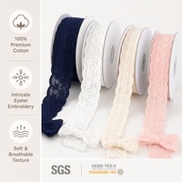 Vente en gros de dentelle brodée à œillets 100% coton, ruban festonné complexe, OEKO-TEX, bleu marine, blanc, crème, rose