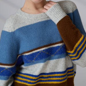 Fabricantes de prendas de punto, suéter de punto jacquard a rayas de manga larga para mujer, suéter de punto con cuello redondo - Product Image 5
