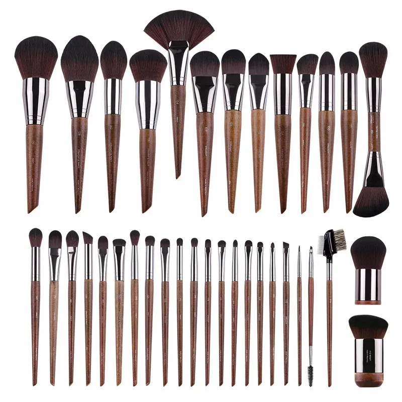 HXC-147 Fabrik OEM Großhandel Artikel 36pcs Profession elle Luxus Braun Holzgriff Wolle Faser Make-up Pinsel für Unternehmen