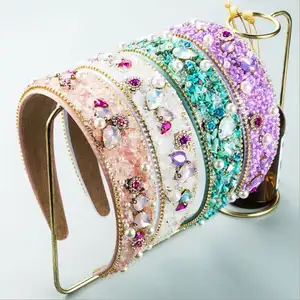 Shiny Gorgeous Baroque Color Natural Stone Headband Elegant Crystal Simulated Pearl Beaded Hairband Princess Party Headwear