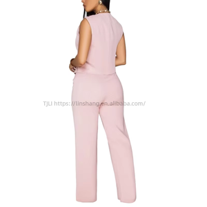 Casual Solid Color Sleeveless V-neck Button Top and Pants Two Piece <b>Set</b> for Women Fashion - Product Image 6