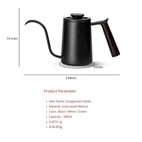 Bouilloire à bec de cygne en acier inoxydable de 600 ml avec couvercle et poignée en noyer moderne, écologique et durable, pour le brassage manuel et le café filtre