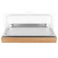 Matériel de buffet pour hôtel et restaurant, bac de présentation alimentaire en acier inoxydable avec couvercle en PC, cadre en bois, vitrine de présentation de snacks