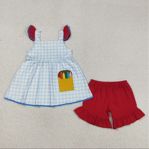 Ensembles de rentrée scolaire pour frères et sœurs, garçons et filles, avec broderie, poches pour crayons Apple, coupe courte - Product Image 5