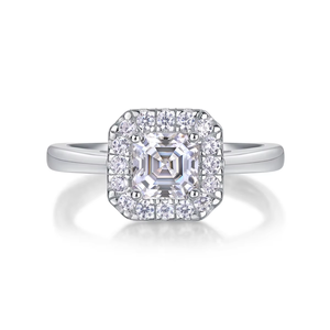 Anillo de compromiso con diamante natural talla Asscher, oro macizo de 18 quilates, diseño de halo cuadrado, joyería nupcial fina para mujer - Product Image 1