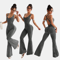 Combinaison sans couture à pattes évasées à imprimé léopard, style le plus récent, dos nu, bretelles croisées, une pièce, combinaison de yoga pour femmes