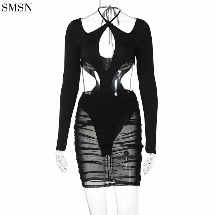 New Trendy Sexy Lace-Up Hollowed-Out Long Sleeve Onesie Mesh Skirt Set Two Piece Dress Set