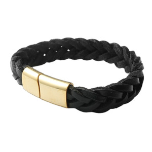 yunnique Black Braided <b>Leather</b> <b>Bracelet</b> Titanium Steel Gold Buckle Fashion Wrap <b>Bracelet</b> For Men Women Jewelry - Product Image 1