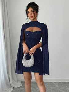 Abito corto estivo da donna, stile europeo-americano, transfrontaliero, slim fit, sexy, da club, a vita alta, con maniche a pipistrello, collo a lupetto, antistatico - Product Image 2