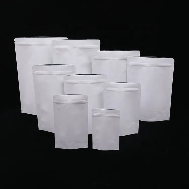 Label Pribadi Putih Matte Aluminium Foil Compostable Doypack Berdiri Ritsleting Kantong Camilan Kemasan Kosmetik Kantong Kertas Kraft Kosong