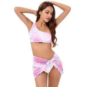 New One-shouldered, High-waisted, Fish-scale Print Swimsuit Swimsuit Mermaid Three-piece Bikini