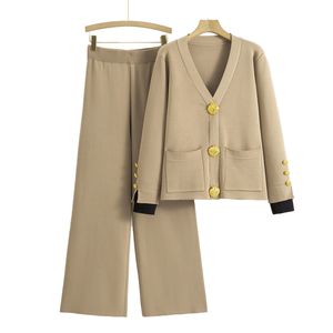 New Autumn Winter Casual <b>Patchwork</b> V-neck Single-breasted Metal Button Cardigan <b>Top</b> Wide-leg Pants Knitted Versatile Two-piece - Product Image 1
