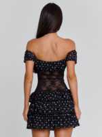 Robe Courte Femme OEM ODM Noire à Pois Épaules Dénudées 95% Polyester 5% Spandex avec Dentelle, Maille et Volants Superposés pour Soirée et Club