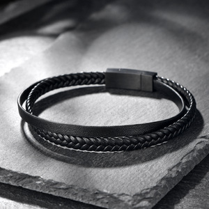 Gelang kulit Pasangan Pria, perhiasan grosir baru gelang tali kulit baja nirkarat - Product Image 4