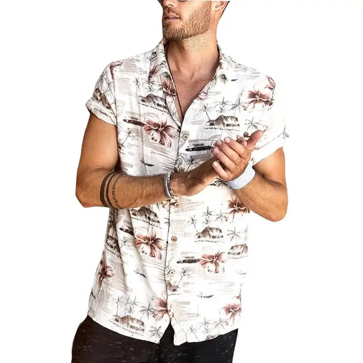 JL0516A Kemeja Kancing Kustom Kaus Sublimasi Penuh Breathable Kaus Pantai Hawaii Cetak Kustom untuk Pria