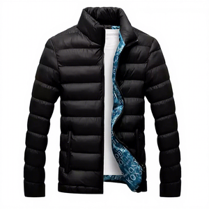 Men's <b>Black</b> <b>Puffer</b> Jacket Solid Color Windproof Winter Casual Zipper Closure Stand Collar Polyester Wadding Slim Fit - Product Image 1